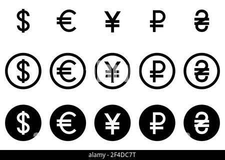 Currency signs of different countries. Set of colored currency symbols ...