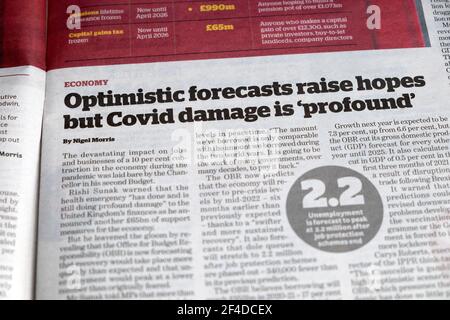 'Optimistic forecasts raise hopes but Covid damage is 'profound''  Covid i news newspaper headline budget economy impact article March 2021 London UK Stock Photo