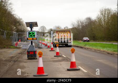 Little Amersham, Buckinghamshire, UK. 18th March, 2021. The number of HS2 HGVs using local roads is growing at an alarming rate. There are certain approved routes for HS2 HGVs, however, many local country lanes are being churned up by HGVs carrying heavy machinery for HS2 and numerous residents have complained to Buckinghamshire Council. The High Speed 2 Rail link from London to Birmingham puts 108 ancient woodlands, 33 SSSIs and 693 wildlife sites at risk. Credit: Maureen McLean/Alamy Stock Photo