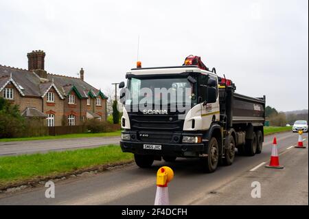 Little Amersham, Buckinghamshire, UK. 18th March, 2021. The number of HS2 HGVs using local roads is growing at an alarming rate. There are certain approved routes for HS2 HGVs, however, many local country lanes are being churned up by HGVs carrying heavy machinery for HS2 and numerous residents have complained to Buckinghamshire Council. The High Speed 2 Rail link from London to Birmingham puts 108 ancient woodlands, 33 SSSIs and 693 wildlife sites at risk. Credit: Maureen McLean/Alamy Stock Photo