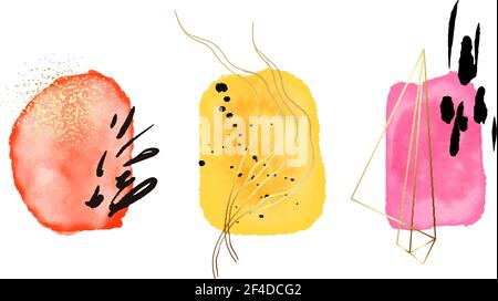 Minimal pink orange red blobs, contemporary header, flyer, poster, logo, business icons set, highlight for social media. Watercolor painting vector ar Stock Vector