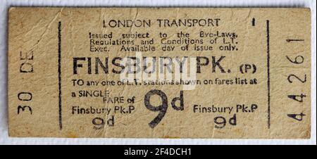 1950s London Transport Underground or Tube Train Ticket from Finsbury Park Station Stock Photo