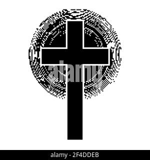 Christian cross with abstract dotted sun rays. Christian cross icon. Black religion symbol. Vector illustration. Abstract religion icon. Stock Vector