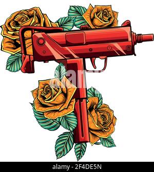 weapont Uzi with red roses vector illustration Stock Vector