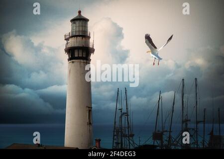 Seagull flying over boats moored by an old lighthouse, USA Stock Photo