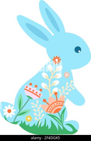 Festive Easter bunny decorated with flowers. Vector illustration of the Happy Easter icon. Stock Vector