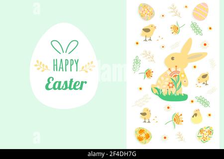 Banner template with an Easter bunny, chickens and eggs on a light green background. Easter poster in flat style Stock Vector