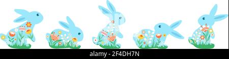 A set of cute colorful bunnies decorated with flowers. Decorative vector illustrations of a happy Easter icon Stock Vector