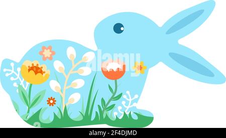 Festive Easter bunny decorated with flowers. Vector illustration of the Happy Easter icon. Stock Vector