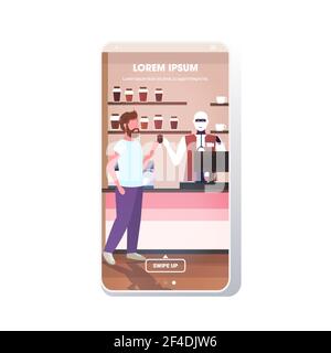 robotic barista serving man client artificial intelligence technology concept cafe interior full length smartphone screen mobile app copy space Stock Vector