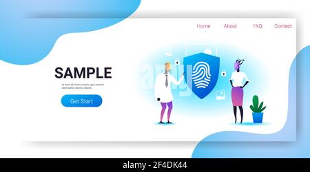 two robots holding shield with fingerprint guard privacy data protection security artificial intelligence technology concept horizontal full length Stock Vector