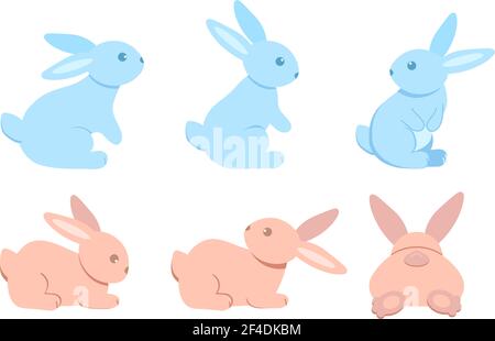 A set of cute rabbits. Six colored sitting and recumbent bunnies on a white background. Festive Easter bunnies. Vector illustration Stock Vector