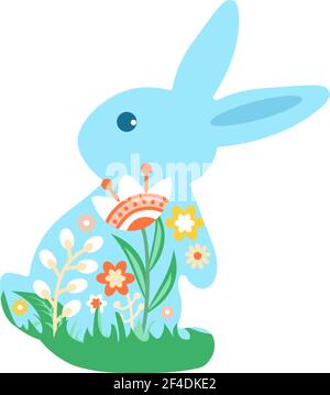Festive Easter bunny decorated with flowers. Vector illustration of the Happy Easter icon. Stock Vector