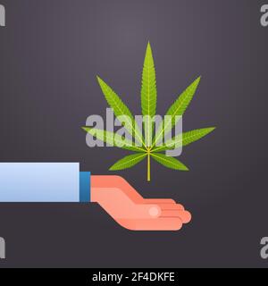 hand holding marijuana cannabis leaf drug consumption concept flat Stock Vector