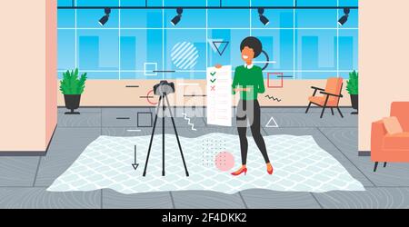 blogger presenting checklist survey exam form woman recording online video with camera on tripod result assessment blogging concept modern office Stock Vector