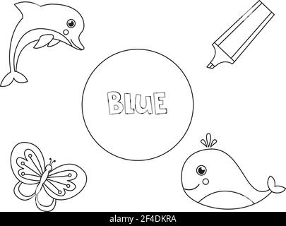 Coloring page with blue objects. Learning primary colors for kids. Stock Vector