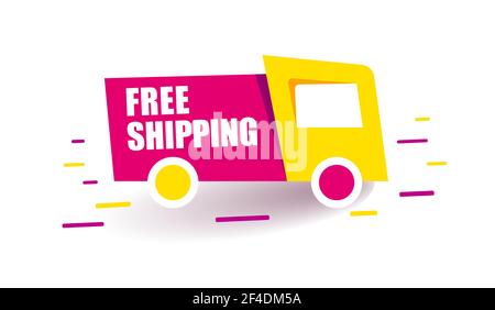Bright Truck with text free shipping. Red car sticker. Vector red and yellow banner in modern flat style on white. Stock Vector