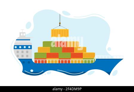 Sea barge loads cargo at port. Sea transportation logistic. Maritime shipping. Vector cartoon illustration isolated on white background. Stock Vector