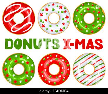 Mobile. Vector illusChristmas donuts set. Green, white, red donuts are decorated with sweet festive stars and balloons. Cartoon Christmas sweets. X-mas donuts - hand lettering. Vector illustration isolated on white.tration Stock Vector