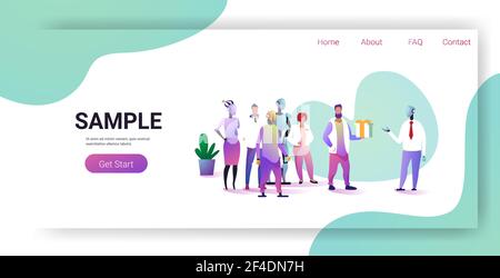 businesspeople with robotic colleagues team giving surprise to chief humanoid robot vs human artificial intelligence technology concept full length Stock Vector