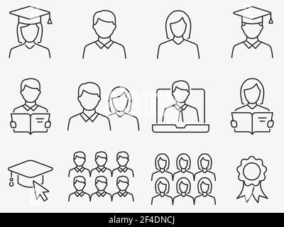 Set of student icons, such as education, group, webinar, academic and more. Editable stroke. Stock Vector