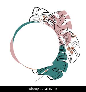 Round frame with contour monoline monstera leaves, colorful spot and copy space. Natural template with tropical foliage. Trendy colorful vector postca Stock Vector