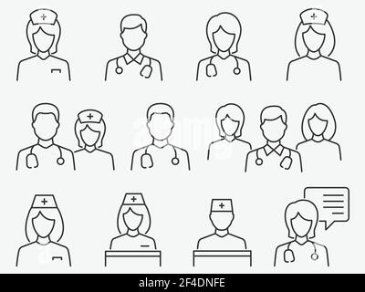 Doctor and Nurse line icons. Vector illustration isolated on white. Editable stroke. Stock Vector