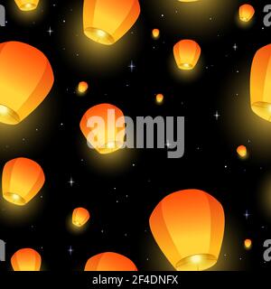 Flying Sky lanterns seamless pattern. Diwali festival, Mid Autumn Festival or Chinese festive. Luminous floating lamps in the night sky. Vector illustration for wrapping paper, fabric, wallpaper. Vector illustration. Stock Vector