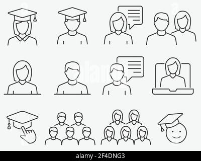Set of student icons, such as education, group, webinar, academic and more. Editable stroke. Stock Vector