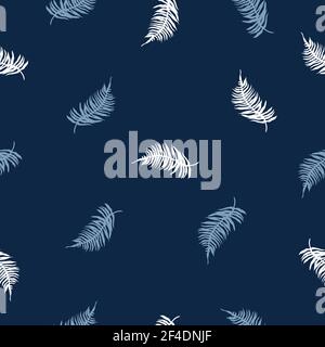 Seamless pattern of Tropical Fern leaves on dark blue. Beautiful print with exotic plants. Botanical design of fabrics, wallpapers for natural cosmetics, perfumes, women products. Stock Vector