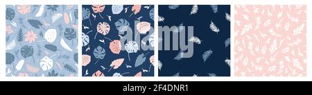Vector set of seamless patterns of tropical leaves, plants, flowers on blue and pink. Beautiful print with exotic plants. Botanical design of fabrics, wallpapers, natural cosmetics, perfumes. Stock Vector