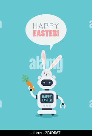 Easter Poster of rabbit with Chatbot holding carrot. Future machine robot. Easter concept. Flat style design Stock Vector