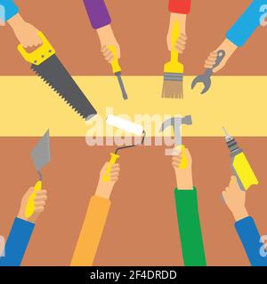 Hands holding different tools used in different professions Stock Vector