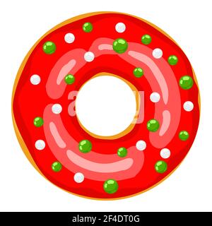 Red donut are decorated with sweet festive balloons. Cartoon Christmas sweets. X-mas donut, vector illustration isolated on white. Vector illustration Stock Vector