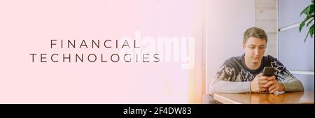 Man using financial banking mobile application banner Stock Photo