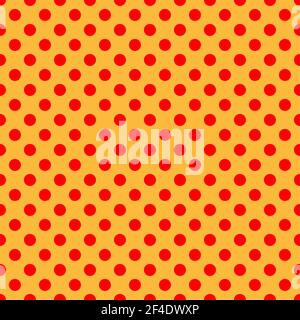 Popart, comic yellow and red dotted, circles seamlessly repeatable geometric pattern. Pointillist, pointillism and stipple, stippling retro art illust Stock Vector