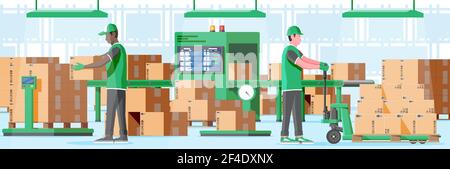 Conveyor belt machine concept in warehouse. Stock Vector