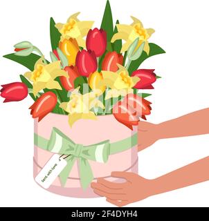 Hands hold bouquet of tulips and daffodils in a round box Stock Vector