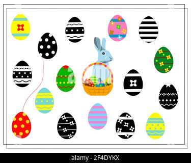Find the right shadow, connect it with a line. Easter eggs. a puzzle game for kids. Easter bunny, basket. Isolated vector illustration. Stock Vector