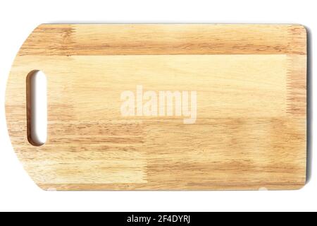 Wooden cut board isolated on white background, top view of new cutting board made from glued planks. Wood board surface with nature texture, domestic Stock Photo