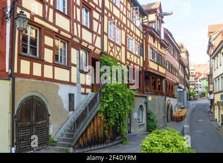 Meersburg city in Baden-Wurttemberg, Germany, Europe. Panorama of street and German half-timbered houses, typical Swabian buildings. Scenery of old to Stock Photo
