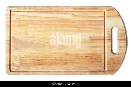 Wooden cut board isolated on white background, top view of new cutting board made from glued planks. Wood board surface with nature texture, domestic Stock Photo