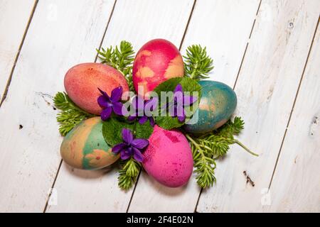 Easter composition. Natural colored eggs with delicate violets and small succulents on a white wooden background. Stock Photo