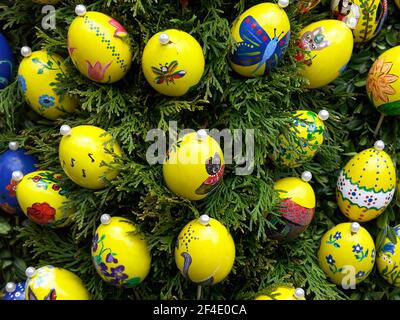 Hand-painted eggs at the Easter Fountain in Schechingen, Ostalb District, Baden-Württemberg, Germany Stock Photo
