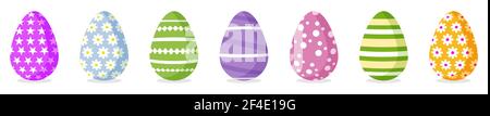 Set of Happy Easter eggs with different texture. Flat style. Vector Illustration on white background Stock Vector