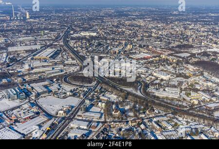 Aerial view, freeway A43, exit Bochum-Riemke, city view Herne-Süd, Riemke, Bochum, Ruhr area, North Rhine-Westphalia, Germany, DE, Europe, aerial phot Stock Photo