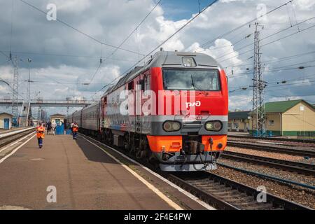 Train at the Novosibirsk-Glavny Railway Station in the city of Novosibirsk in Russia, an important stop along the Trans-Siberian Railway. Stock Photo