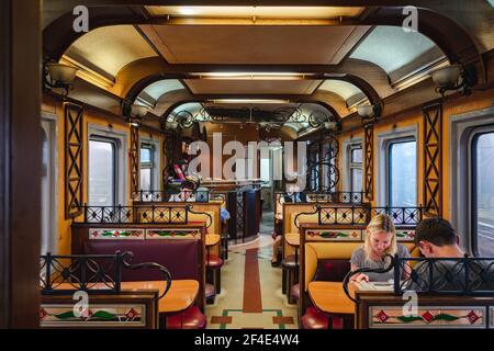 Passengers in the restaurant car onboard the Trans Siberian Railway in Siberia, Russia.