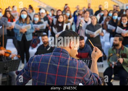 Erbil, Iraq. Rehearsal of the orchestra in the Erbil stadium the day before the Mass of Pope Francis. Credit: MLBARIONA Stock Photo