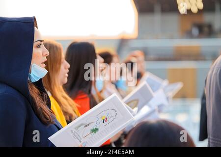 Erbil, Iraq. Rehearsal of the orchestra in the Erbil stadium the day before the Mass of Pope Francis. Credit: MLBARIONA Stock Photo